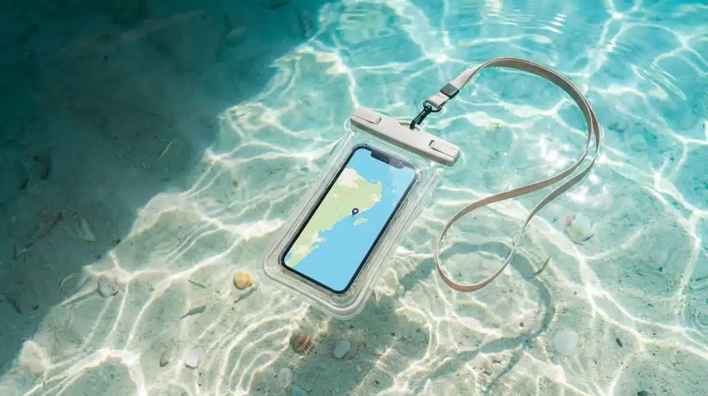 Waterproof phone pouch with lanyard floating in clear tropical water, smartphone displaying a map