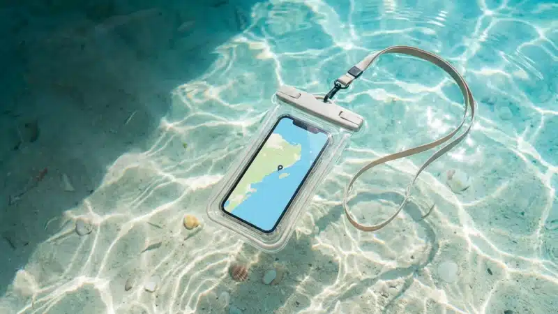 Waterproof phone pouch with lanyard floating in clear tropical water, smartphone displaying a map