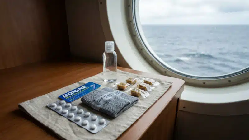 Seasickness kit on cruise cabin table by porthole: motion-sickness pills, wristband, water bottle and snacks
