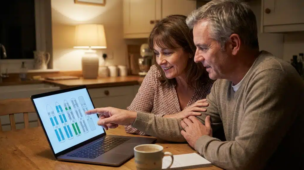 Middle-aged couple planning cruise cabin layout on laptop at kitchen table with coffee