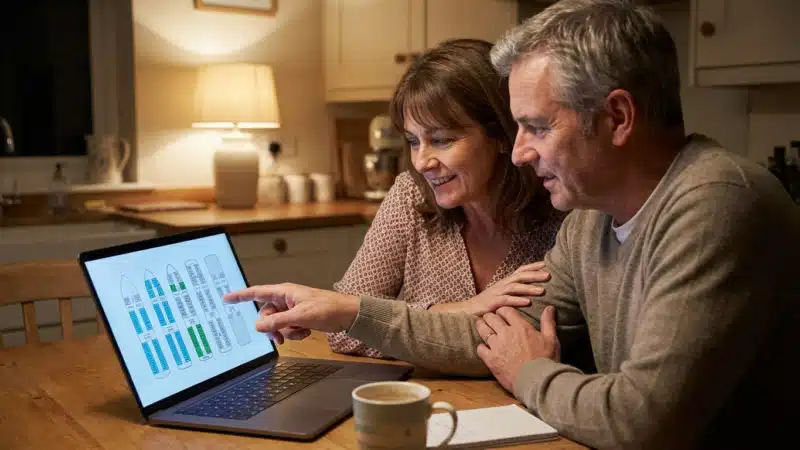 Middle-aged couple planning cruise cabin layout on laptop at kitchen table with coffee