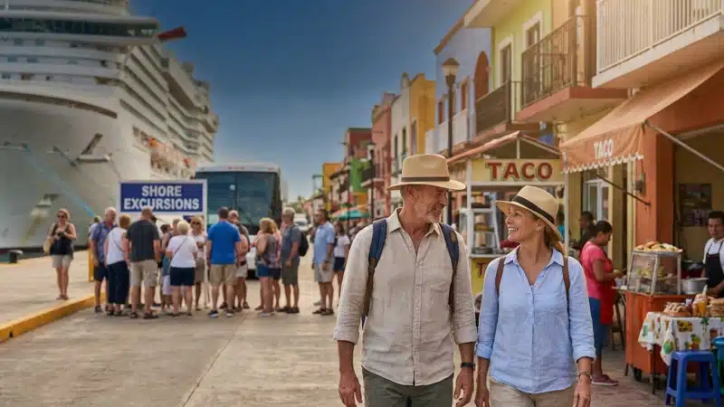 Cruise port shore excursions: couple walking by taco stand and sign, tourists and colorful waterfront shops