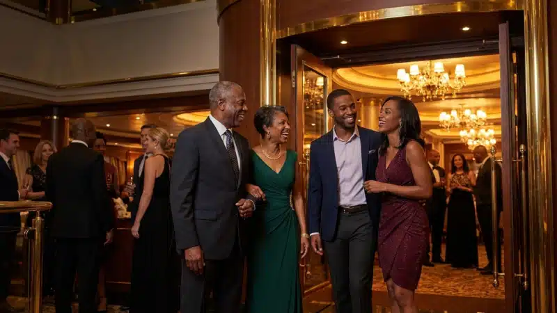 Formal gala entrance: elegant guests in eveningwear entering a chandelier-lit ballroom at a luxury event