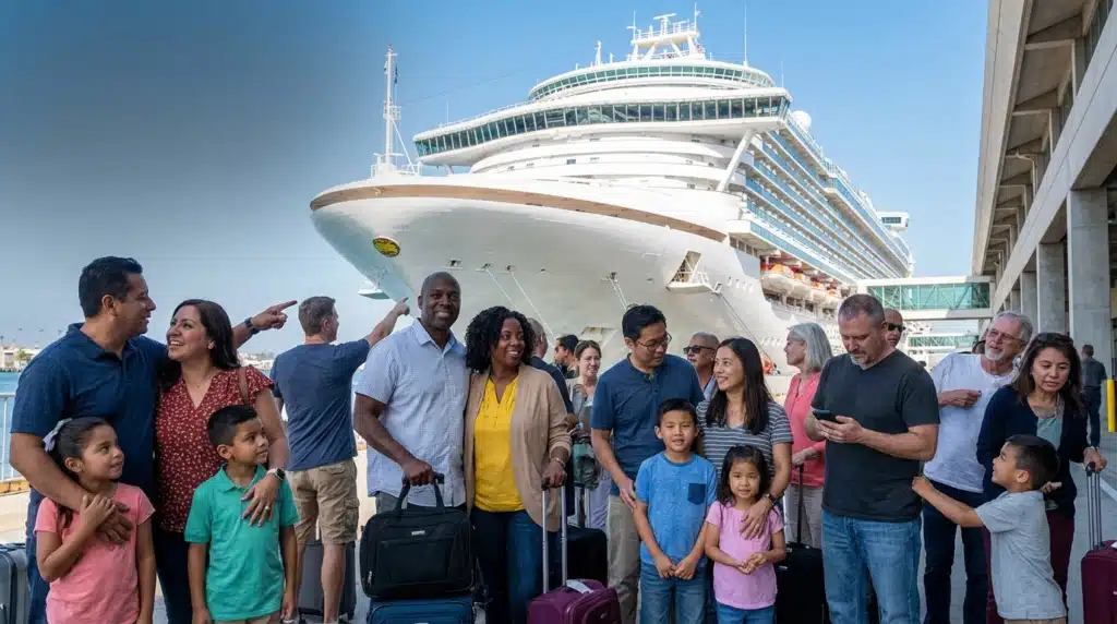 Families and passengers with suitcases boarding a large cruise ship at a port terminal for vacation departure