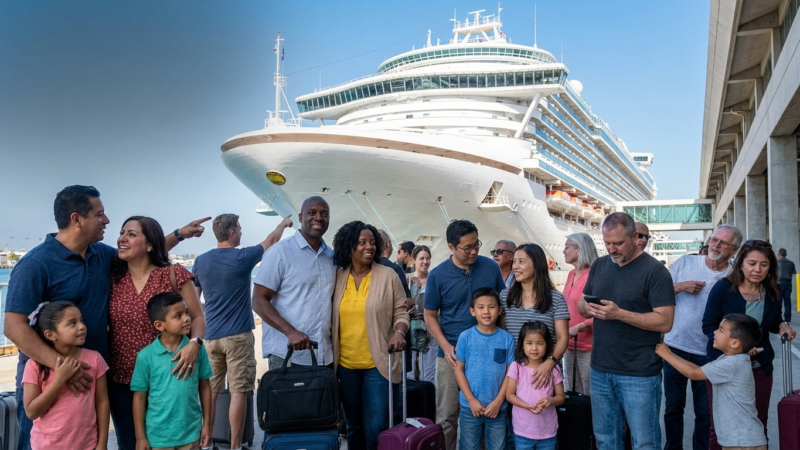 Families and passengers with suitcases boarding a large cruise ship at a port terminal for vacation departure