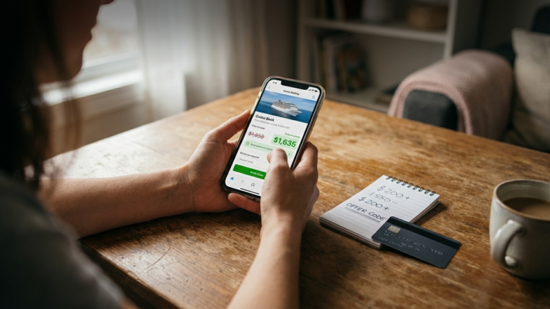 Person booking a cruise on smartphone at wooden table with credit card, notebook and coffee, online travel booking