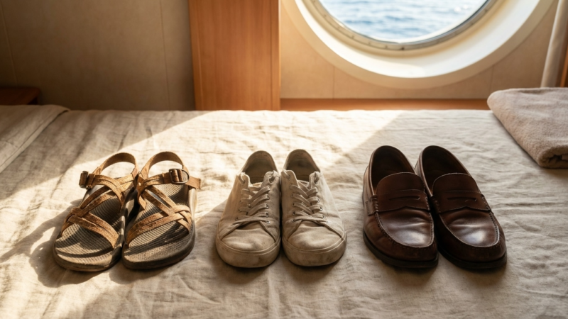 Three pairs of shoes (sandals, white sneakers, brown leather loafers) lined on bed in cabin by porthole with ocean view