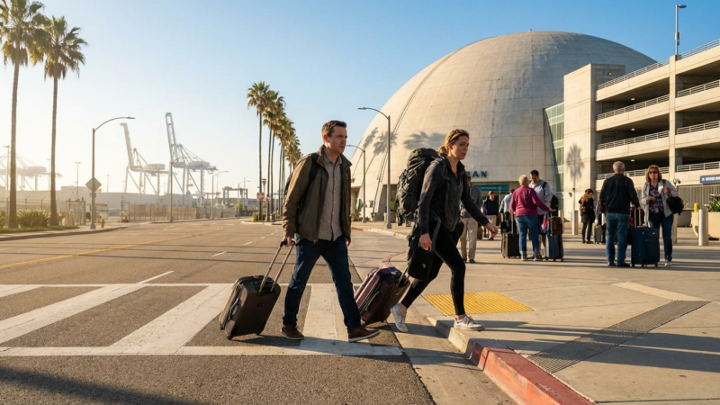 Travelers Arriving at a Sunny Port