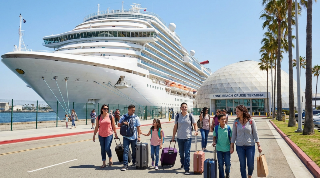 Family with luggage walking toward Long Beach Cruise Terminal beside a large white cruise ship docked