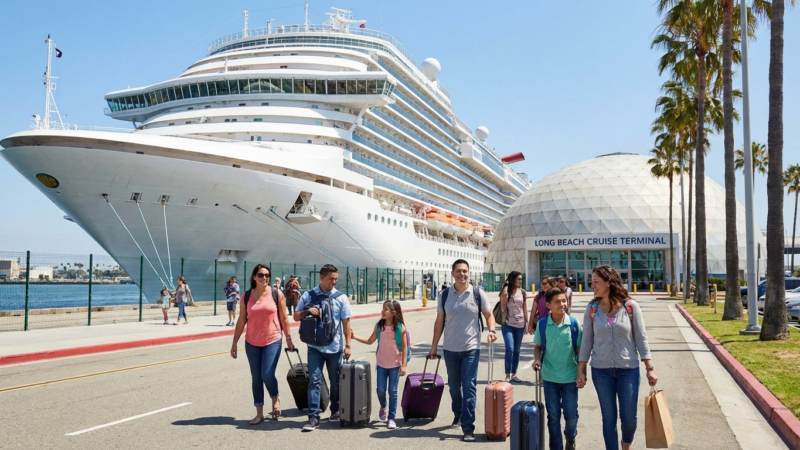 Family with luggage walking toward Long Beach Cruise Terminal beside a large white cruise ship docked