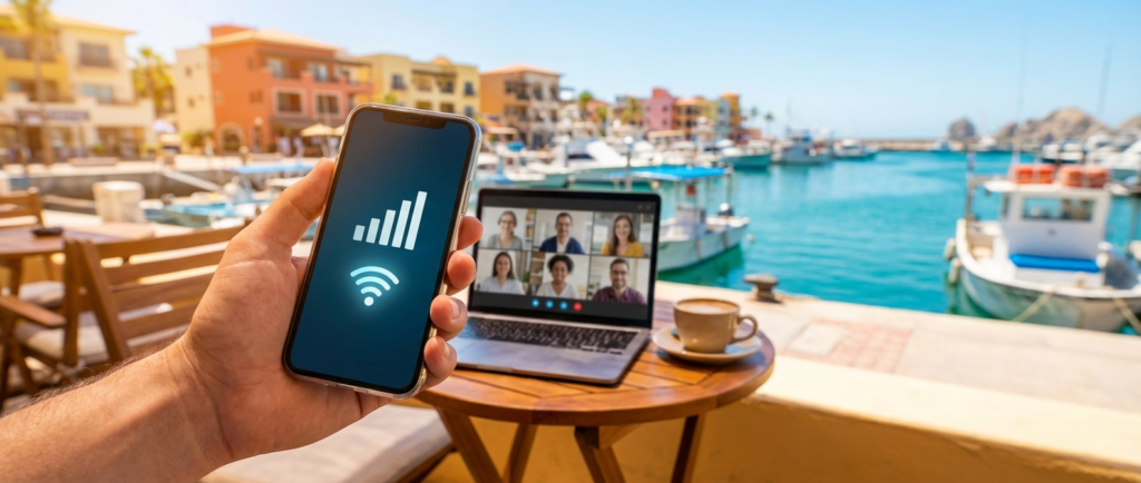 Digital Nomad Working Remotely at a Seaside Cafe