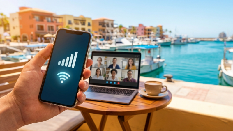 Digital Nomad Working Remotely at a Seaside Cafe