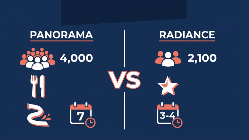 Comparison of Panorama and Radiance: attendees 4,000 vs. 2,100, duration 7 days vs. 3-4 days.