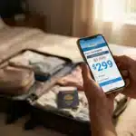 Last-minute cruise deal $299 on smartphone, traveler packing suitcase with passport on bed