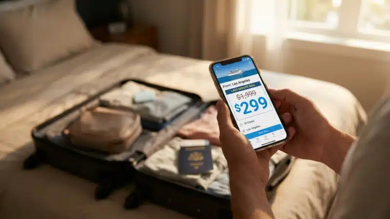 Last-minute cruise deal $299 on smartphone, traveler packing suitcase with passport on bed